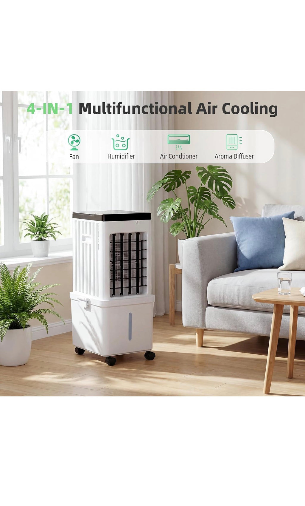 Evaporative Air Cooler, 15L Evaporative Cooling Fan with Remote & 2 Ice Packs, 3-in-1 Hoseless Room Cooler with 3 Speeds, 7.5H Timer & 120° Oscillation, Portable Room Cooler For Office, Bedroom
