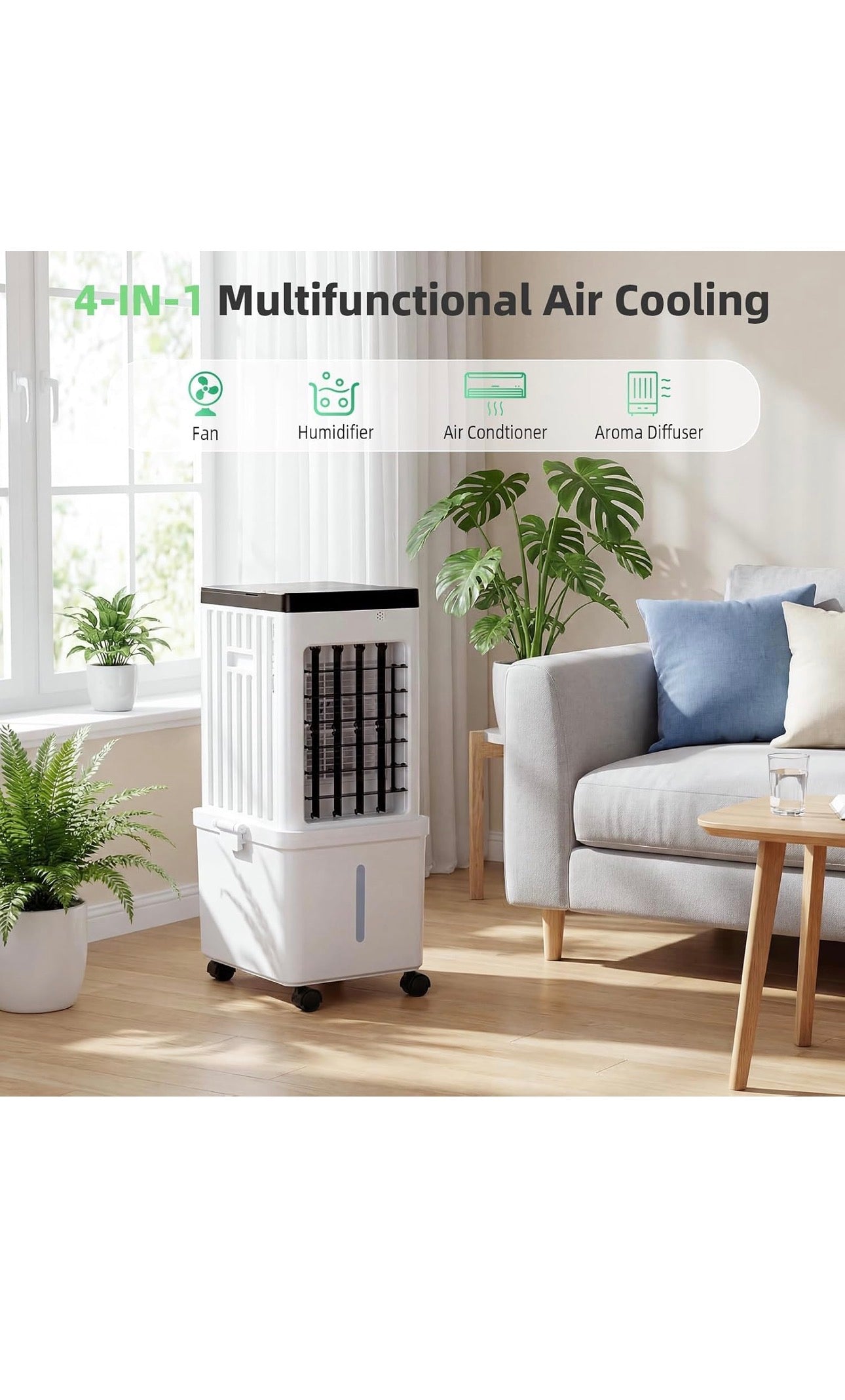 Evaporative Air Cooler, 15L Evaporative Cooling Fan with Remote & 2 Ice Packs, 3-in-1 Hoseless Room Cooler with 3 Speeds, 7.5H Timer & 120° Oscillation, Portable Room Cooler For Office, Bedroom