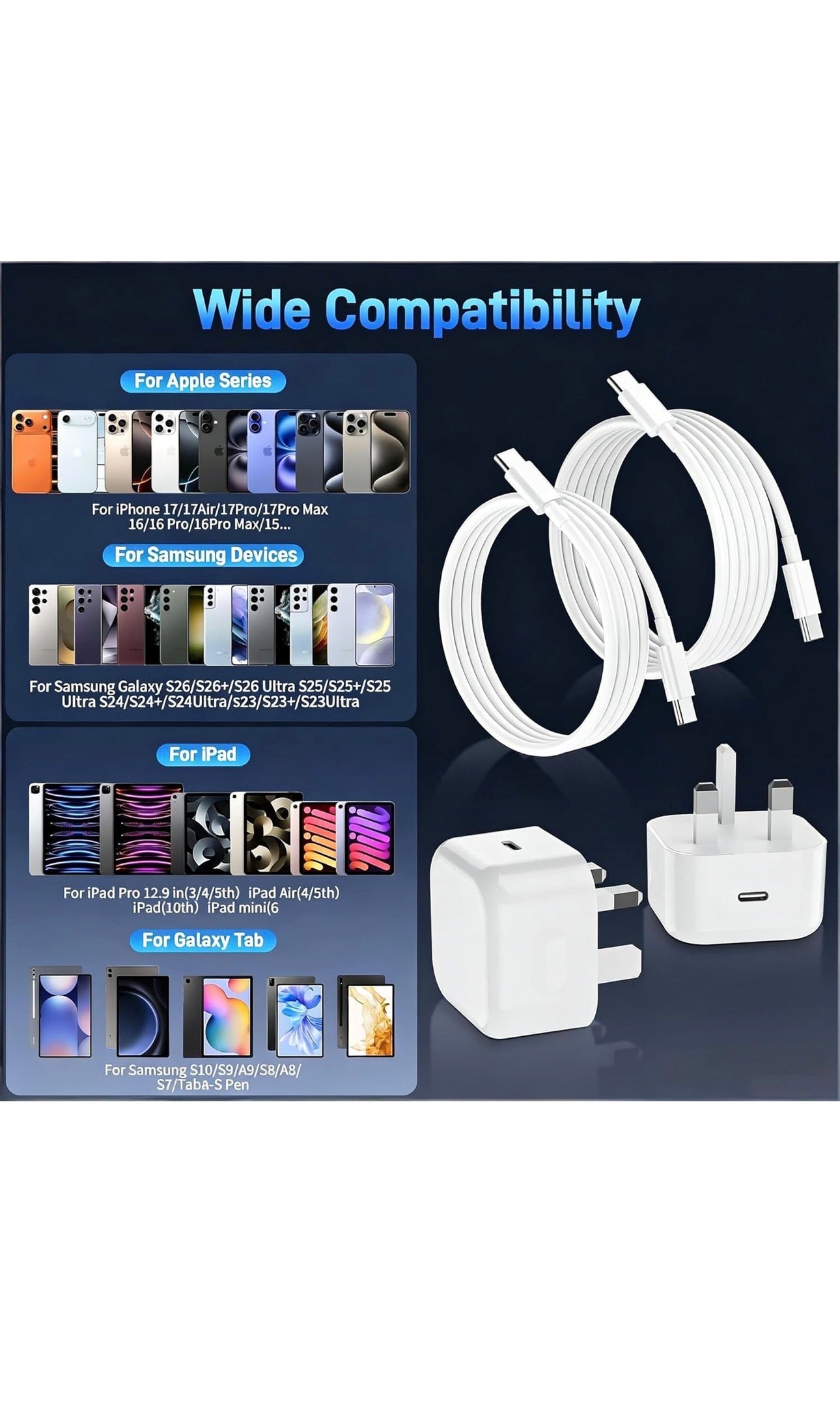 iPhone 17 16 Fast Charger, 20W USB C Fast Charger Plug with 1M+2M USB C to C Type C Cable for iPhone 17/17air/17 pro/17pro max/17plus/ iPhone16/15 Series iPad/GalaxyS26/S25/S24 USBC UK Power Adapter