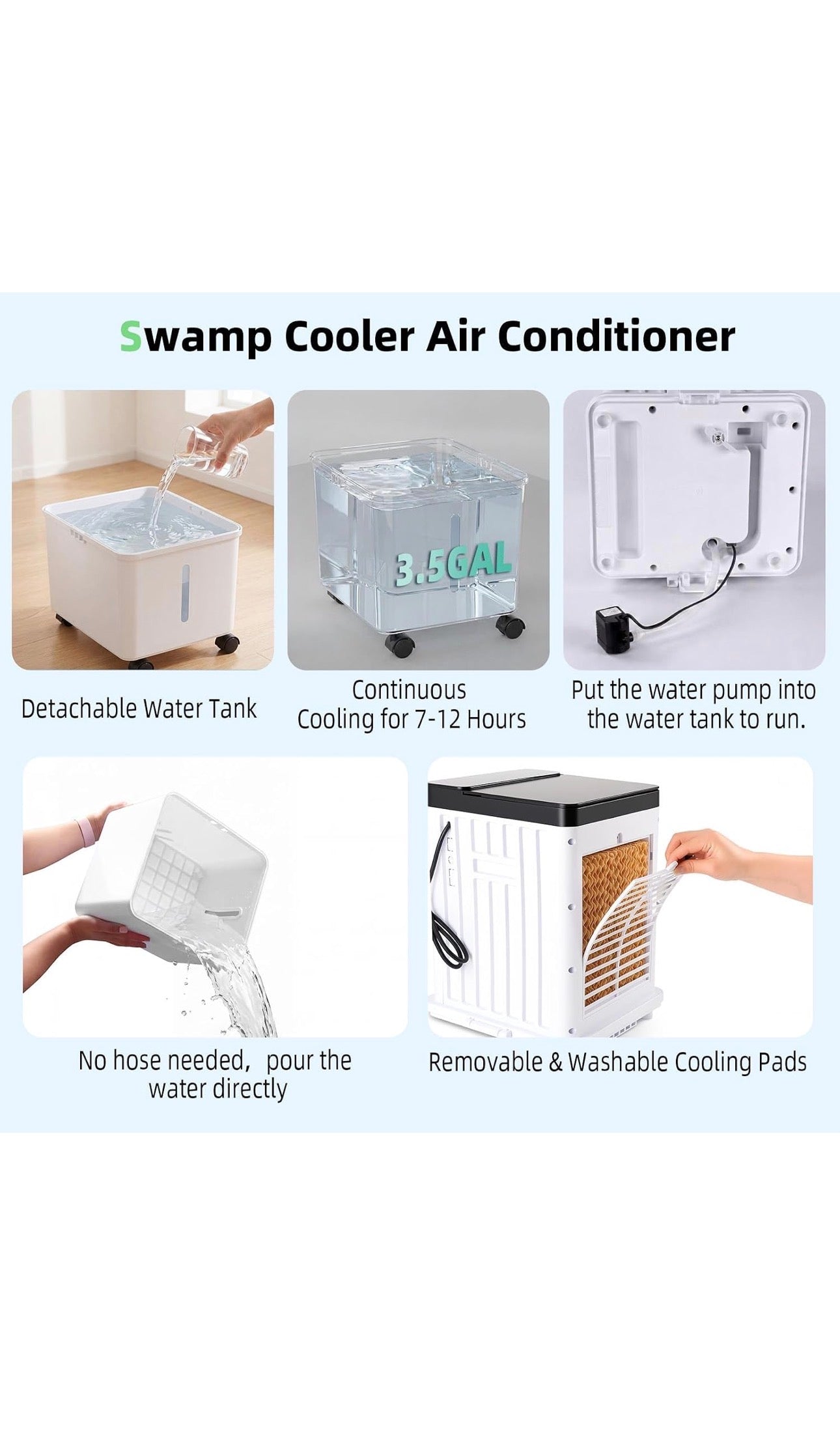 Evaporative Air Cooler, 15L Evaporative Cooling Fan with Remote & 2 Ice Packs, 3-in-1 Hoseless Room Cooler with 3 Speeds, 7.5H Timer & 120° Oscillation, Portable Room Cooler For Office, Bedroom