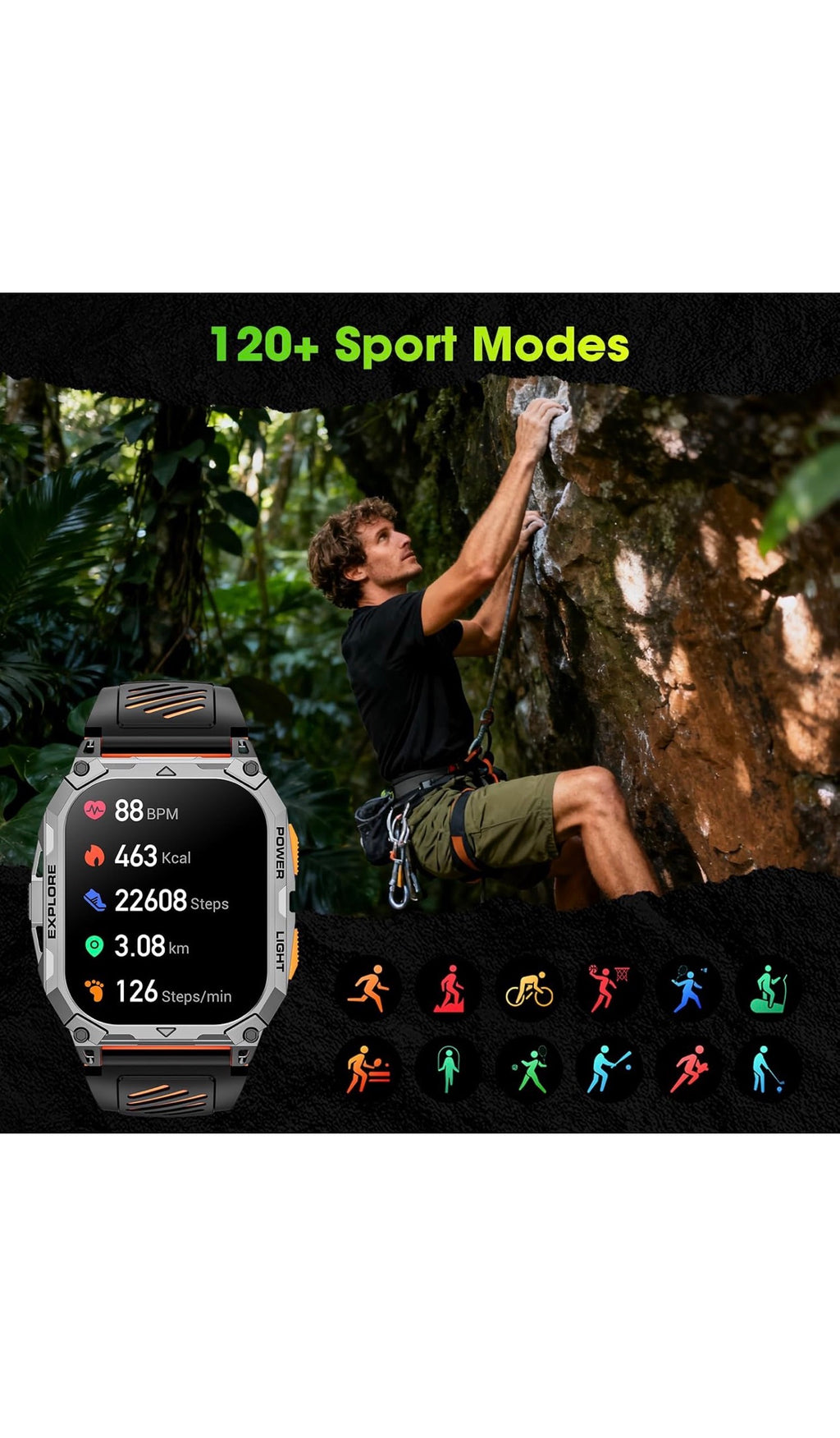 Hwagol Smart Watch for Men, 2.01" HD Military Smart Watches with Heart Rate/Sleep Monitor, 110+ Sports Fitness Watch, 1000mAH Battery Led Flashlight Outdoor IP68 Smartwatch for iOS Android Mens Watch
