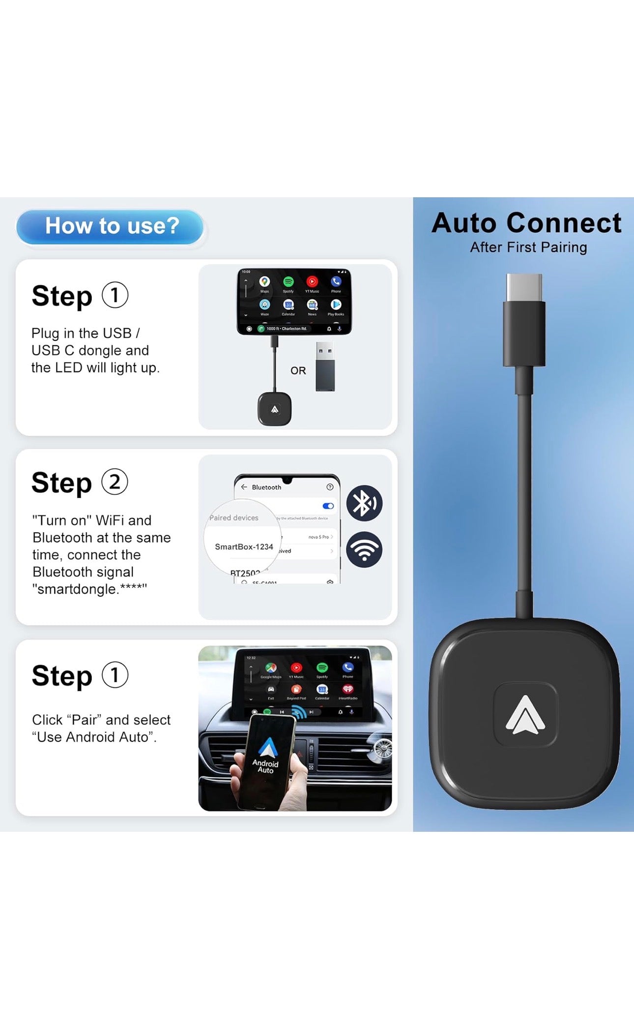 Android Auto Wireless Adapter UK, Convert Factory Wired to Wireless Android Auto, Plug and Play, Android Auto Adapter Compatible with Android 11+ & Cars with Wired Android Auto-Grayish black