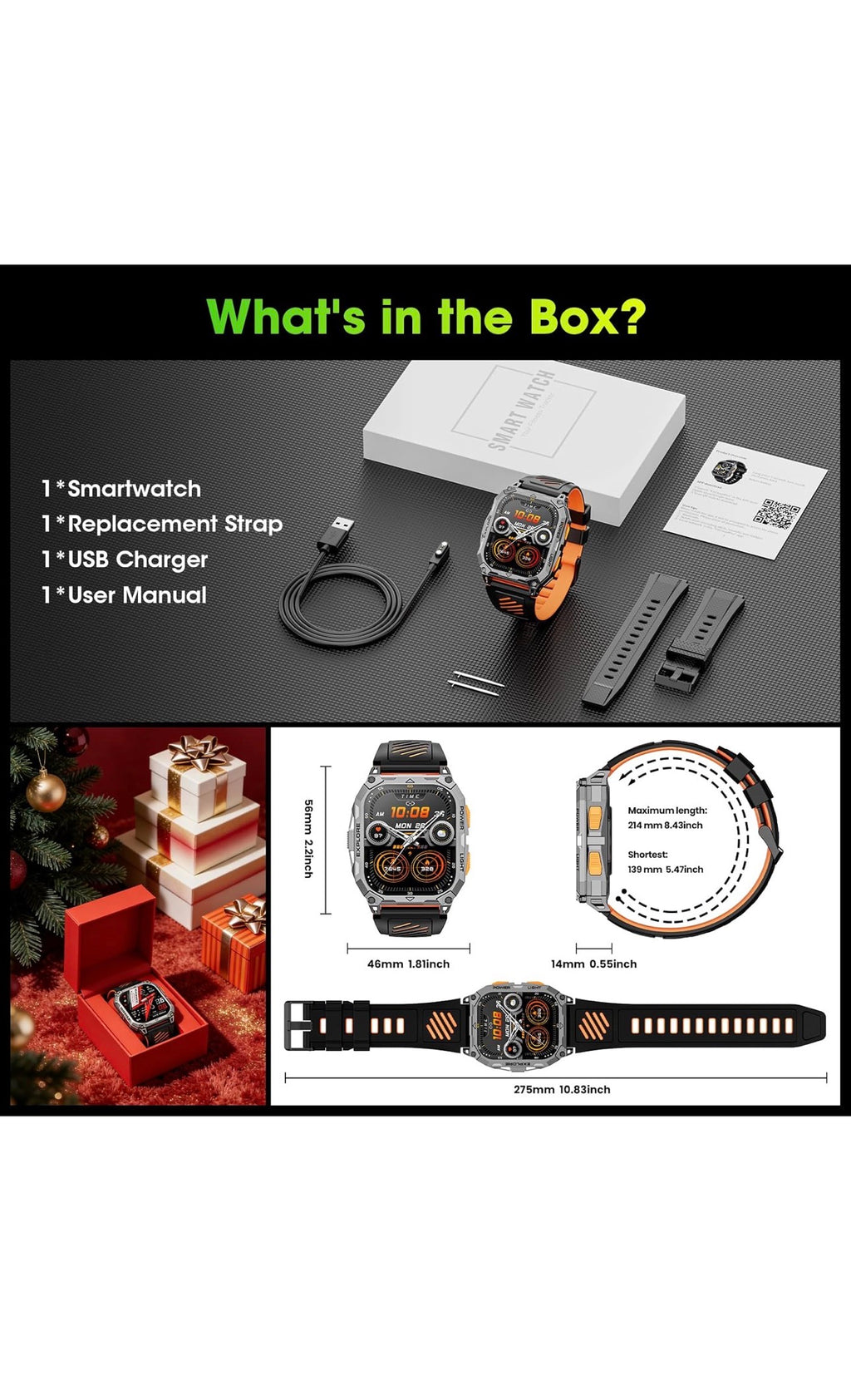 Hwagol Smart Watch for Men, 2.01" HD Military Smart Watches with Heart Rate/Sleep Monitor, 110+ Sports Fitness Watch, 1000mAH Battery Led Flashlight Outdoor IP68 Smartwatch for iOS Android Mens Watch