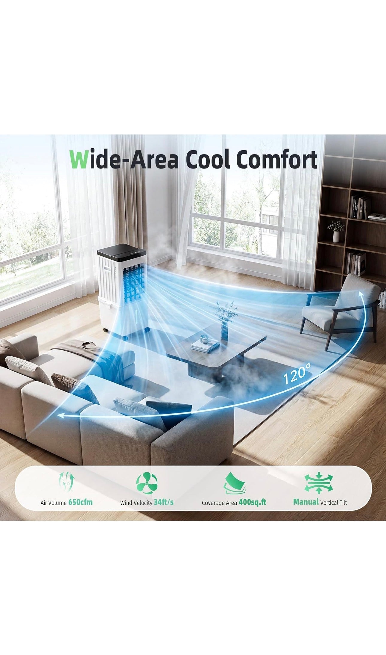 Evaporative Air Cooler, 15L Evaporative Cooling Fan with Remote & 2 Ice Packs, 3-in-1 Hoseless Room Cooler with 3 Speeds, 7.5H Timer & 120° Oscillation, Portable Room Cooler For Office, Bedroom