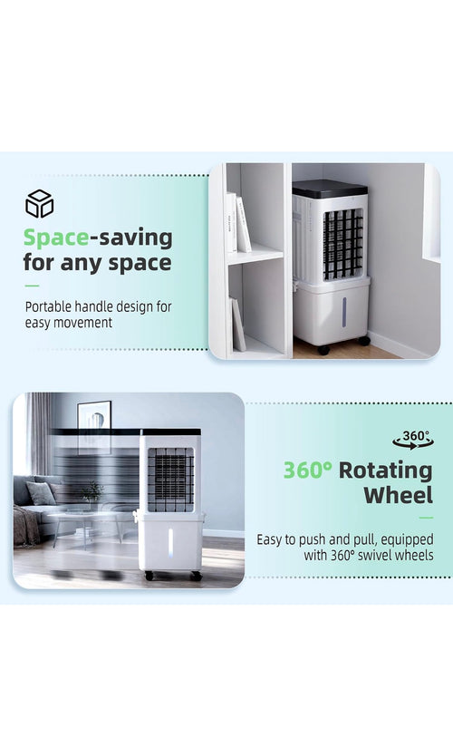 Evaporative Air Cooler, 15L Evaporative Cooling Fan with Remote & 2 Ice Packs, 3-in-1 Hoseless Room Cooler with 3 Speeds, 7.5H Timer & 120° Oscillation, Portable Room Cooler For Office, Bedroom
