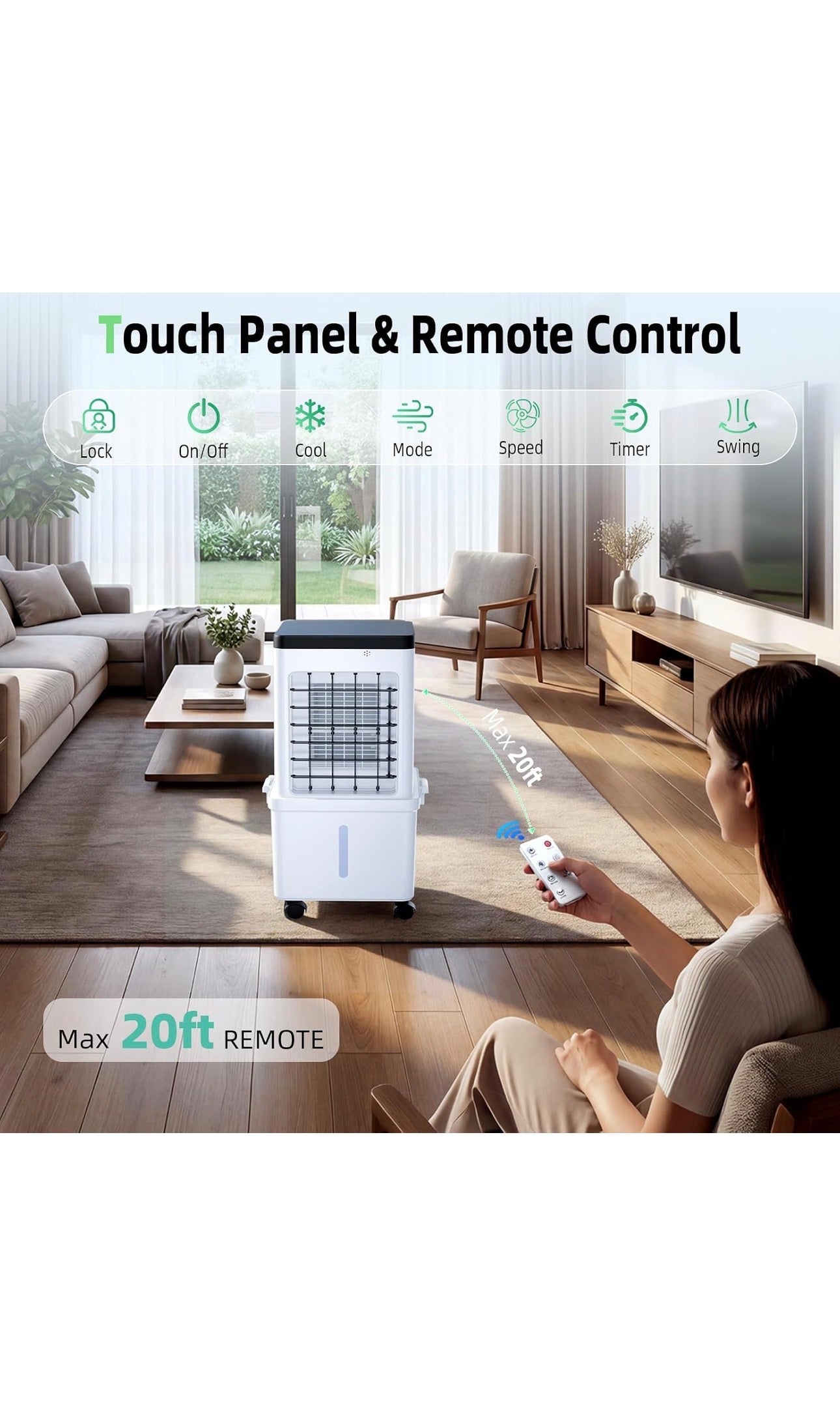 Evaporative Air Cooler, 15L Evaporative Cooling Fan with Remote & 2 Ice Packs, 3-in-1 Hoseless Room Cooler with 3 Speeds, 7.5H Timer & 120° Oscillation, Portable Room Cooler For Office, Bedroom